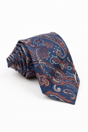 ACCESORII - Cravata matase naturala navy-pepit cu imprimeu paisley bej si maro