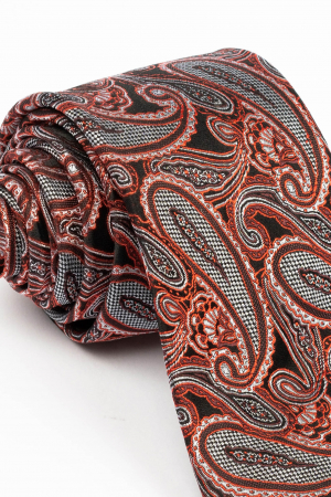 Cravata matase neagra cu imprimeu paisley gri si rosu