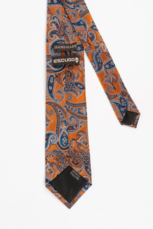 Cravata matase portocaliu cu imprimeu paisley albastru si argintiu [1]