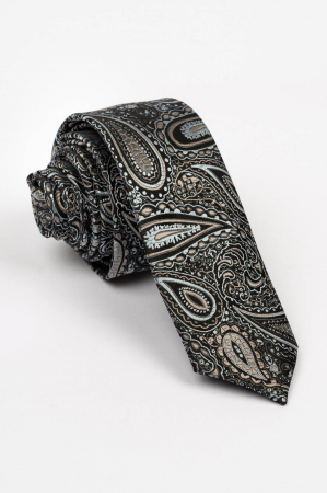 Cravata ingusta neagra cu imprimeu paisley maro si bleu
