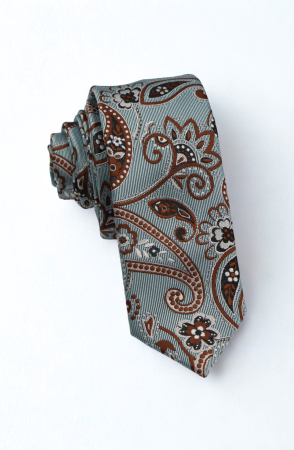 CRAVATE - Cravată îngustă verde salvie cu model paisley floral în cognac, maro închis și alb