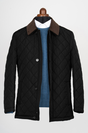 GECI - Geaca barbati slim fit negru matlasat cu guler de catifea