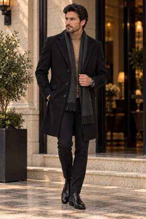 PALTOANE - Palton barbati negru slim fit  cu lana