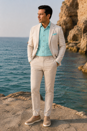 PANTALONI SLIM CLASICI (STOFA) - Pantaloni barbati slim fit bej din 100% IN