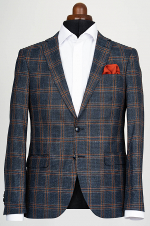 Sacou slim bleumarin cu caro portocaliu [0]