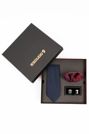 Set cadou cravata bleumarin si batista bleumarin cu model floral si butoni [0]