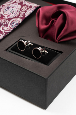 SET CADOU - Set elegant 3 piese - cravata matase naturala, batista burgund-visiniu si butoni