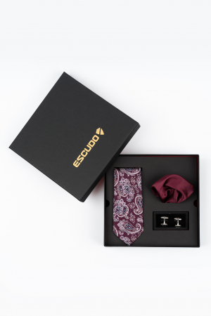 SET CADOU - Set elegant 3 piese - cravata matase naturala, batista burgund-visiniu si butoni