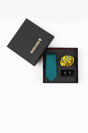 SET CADOU - Set elegant 3 piese - cravata verde, batista galbena cu design si butoni