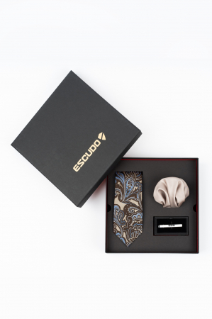SET CADOU - Set elegant 3 piese - cravata matase naturala, batista bej si ac cravata