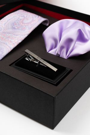 SET CADOU - Set elegant 3 piese - cravata matase naturala, batista lila si ac cravata