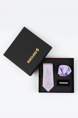 SET CADOU - Set elegant 3 piese - cravata matase naturala, batista lila si ac cravata