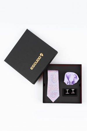 SET CADOU - Set elegant 3 piese - cravata matase naturala, batista lila si butoni