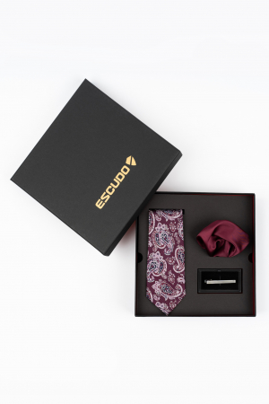 SET CADOU - Set elegant 3 piese - cravata matase naturala, batista burgund-visiniu si ac cravata