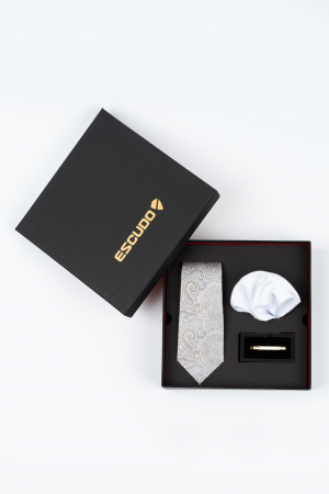 SET CADOU - Set elegant 3 piese - cravata matase naturala, batista alba si ac cravata