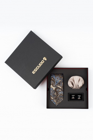 SET CADOU - Set elegant 3 piese - cravata matase naturala si batista bej si butoni
