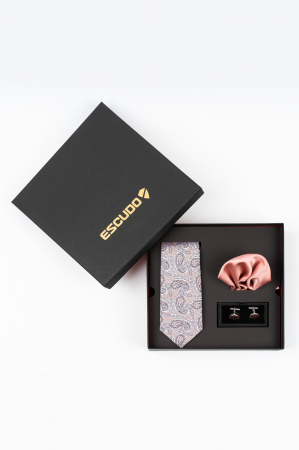 SET CADOU - Set elegant 3 piese - cravata matase naturala si batista roz-deschis si butoni
