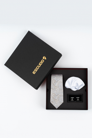 SET CADOU - Set elegant 3 piese - cravata matase naturala si batista alba si butoni