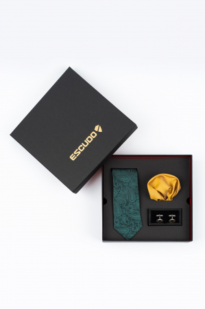 SET CADOU - Set elegant 3 piese - cravata verde, batista aurie si butoni