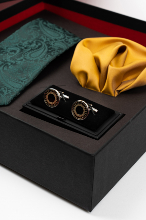 SET CADOU - Set elegant 3 piese - cravata verde, batista aurie si butoni