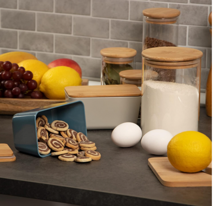 2 x Recipiente de depozitare alimente cu capace din bambus COM-FOUR, gri deschis si albastru [4]