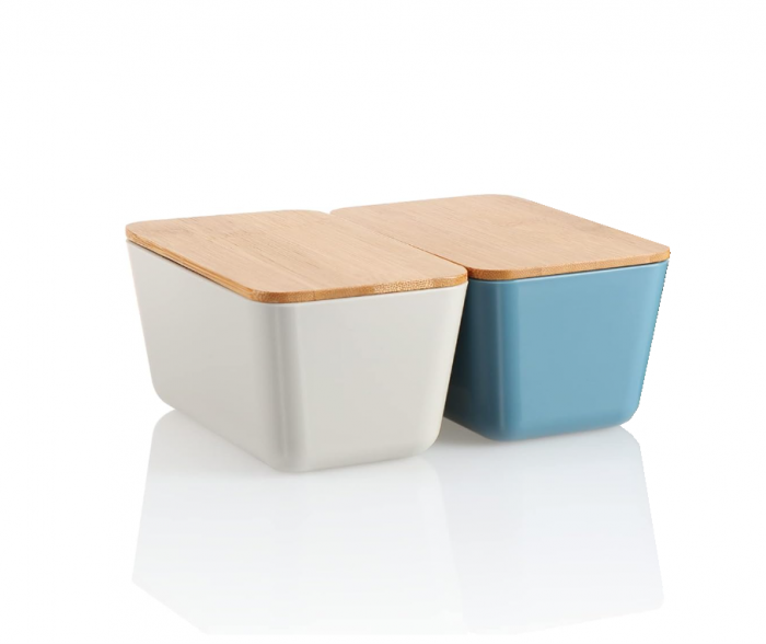 2 x Recipiente de depozitare alimente cu capace din bambus COM-FOUR, gri deschis si albastru [1]