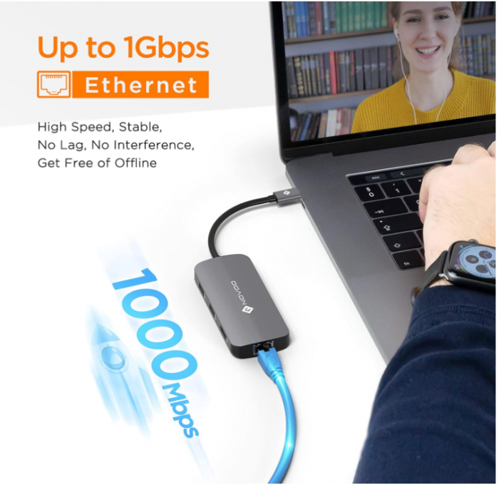 Adaptor Hub USB-C, NOVOO 7 în 1 la HDMI 4K, Ethernet RJ45, 4 porturi USB, tip C 100W PD [6]