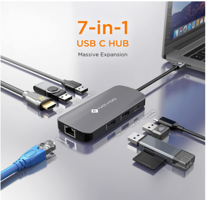 Adaptor Hub USB-C, NOVOO 7 în 1 la HDMI 4K, Ethernet RJ45, 4 porturi USB, tip C 100W PD [2]