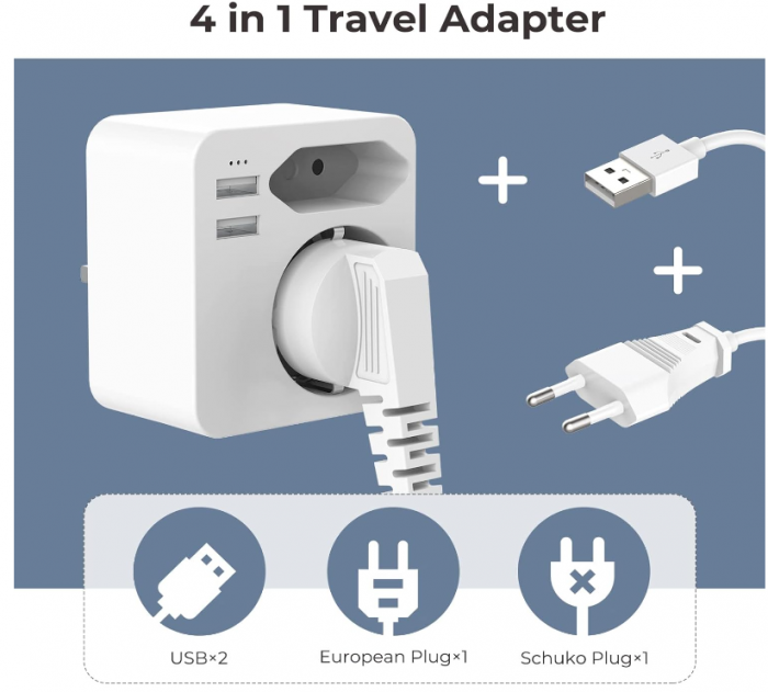 Adaptor priză Hoppac Anglia, 2 porturi USB 2.4A cu mufă europeană și Schuko tip G [5]