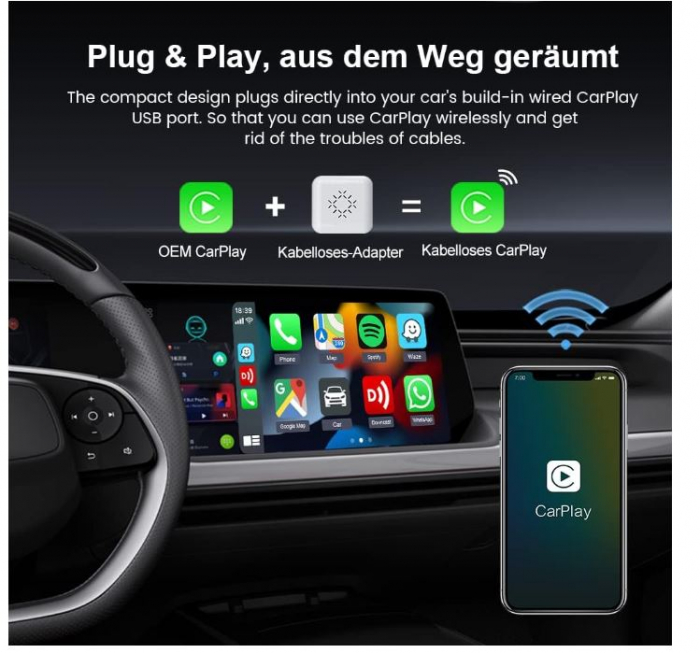 Adaptor USB wireless Apple Carplay Carlinkit 3.0 Mini pentru autoturisme, alb [4]