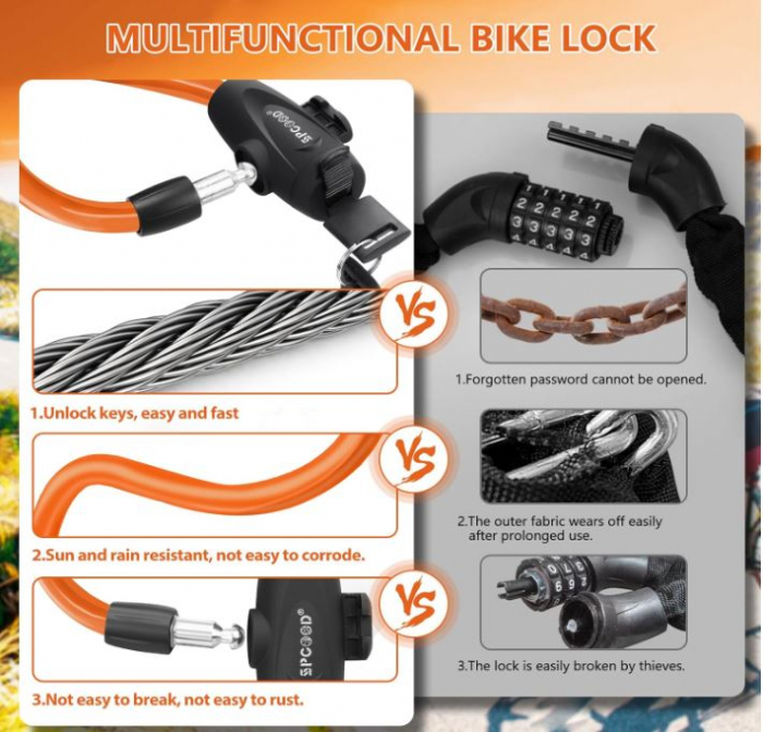 Antifurt bicicleta SPGOOD, 120cm/12mm, 2 chei, portocaliu [5]