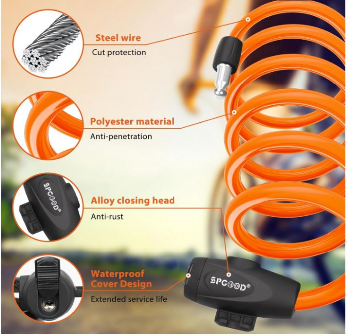 Antifurt bicicleta SPGOOD, 120cm/12mm, 2 chei, portocaliu [3]