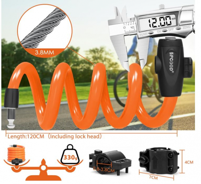 Antifurt bicicleta SPGOOD, 120cm/12mm, 2 chei, portocaliu [4]