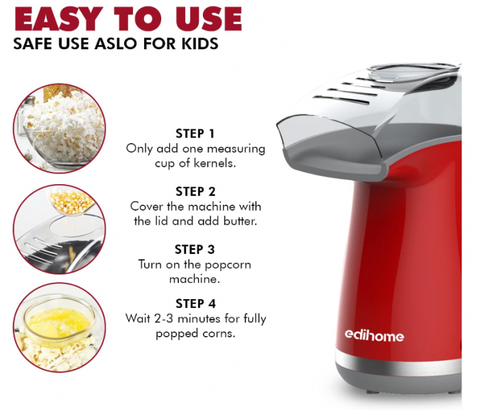 Aparat de facut floricele de porumb Edihome, Mașină pentru popcorn, 1200 W (roșu) [6]