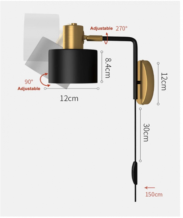 Aplica de perete retro QJUZO, cu LED, negru si auriu, E27 [9]