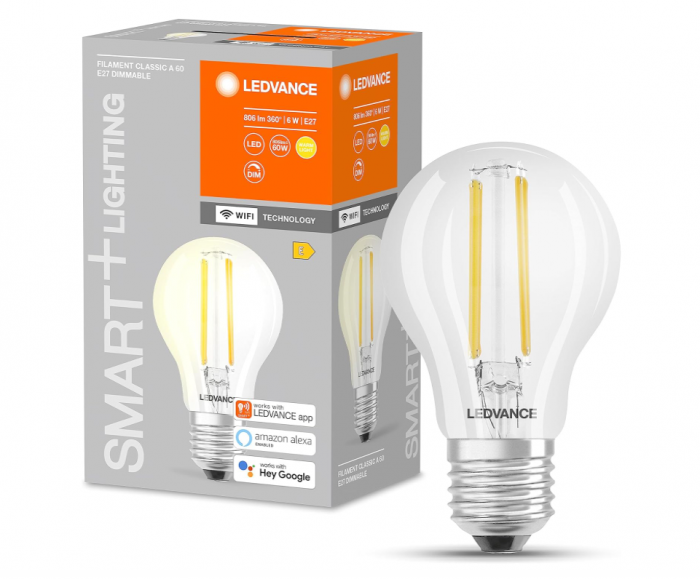 Bec LED Ledvance Smart cu WiFi, soclu E27, reglabilă, alb cald (2700 K) [1]