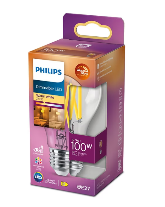 Bec LED vintage Philips Classic A60, putere reglabila (dimabil), E27, 10.5W (100W), 1521 lm, lumina calda (2200-2700K), clasa energetica D [3]