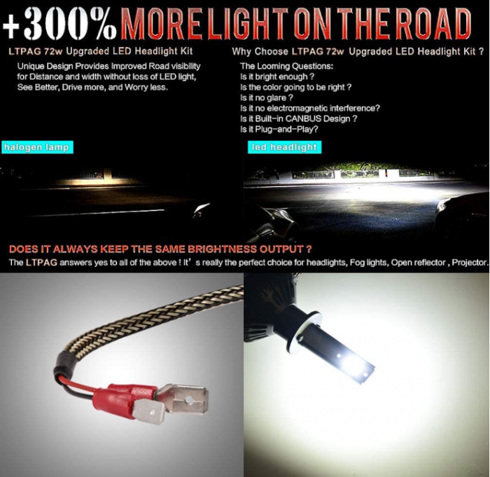 Becuri LED LTPAG H1, CSP 72W 12000LM de înlocuire pentru lămpi cu halogen sau xenon HID, lampă albă 12V-24V 6000K [8]