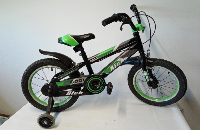 Bicicleta pentru copii de 4-6 ani Rich Baby Cool, cu roti ajutatoare, roti de 16 inch, negru/verde [2]