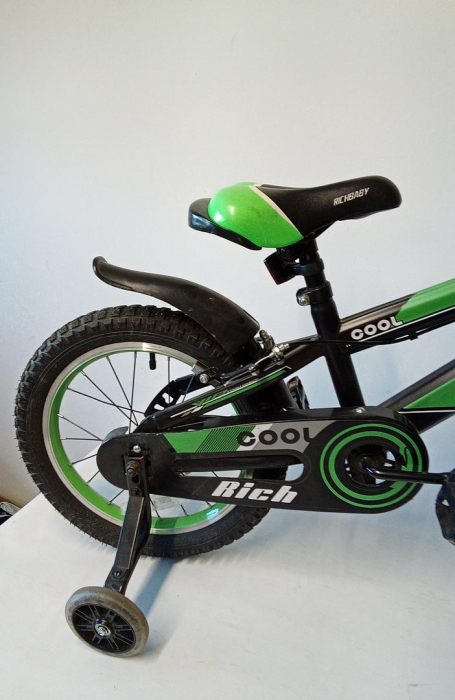 Bicicleta pentru copii de 4-6 ani Rich Baby Cool, cu roti ajutatoare, roti de 16 inch, negru/verde [4]