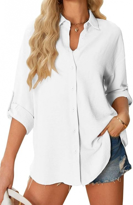Bluză cu mânecă lungă pentru femei SOADKP, tip cămașă, elegantă, alb, S [6]