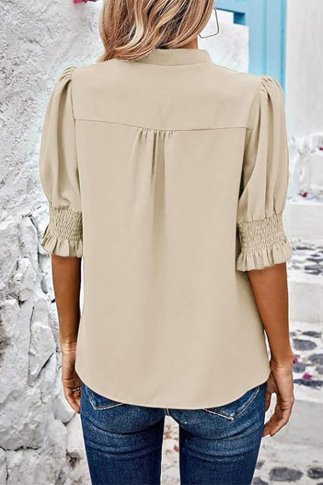 Bluza de vara pentru femei Arevill, decolteu in V, maneca scurta, bej, L [5]