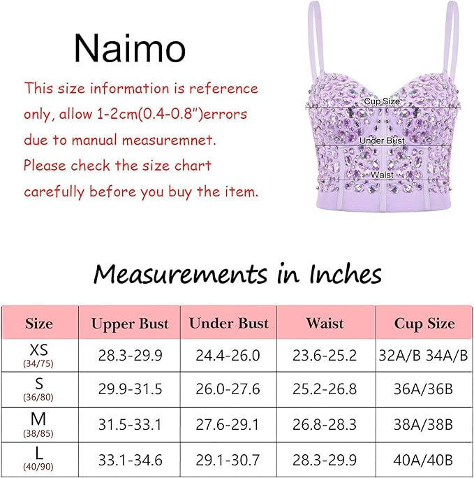 Bustiera cu strasuri pentru femei Naimo, Push Up Crop Top Corset, violet, L (40/90) [6]