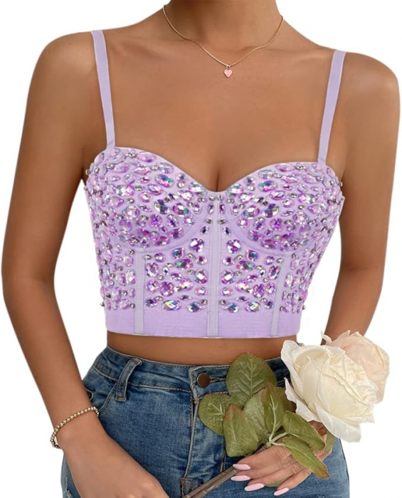 Bustiera cu strasuri pentru femei Naimo, Push Up Crop Top Corset, violet, L (40/90) [2]