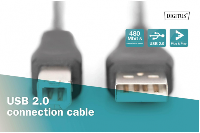 Cablu de conectare DIGITUS USB 2.0 A tată - B tată, 1.8m, negru [4]