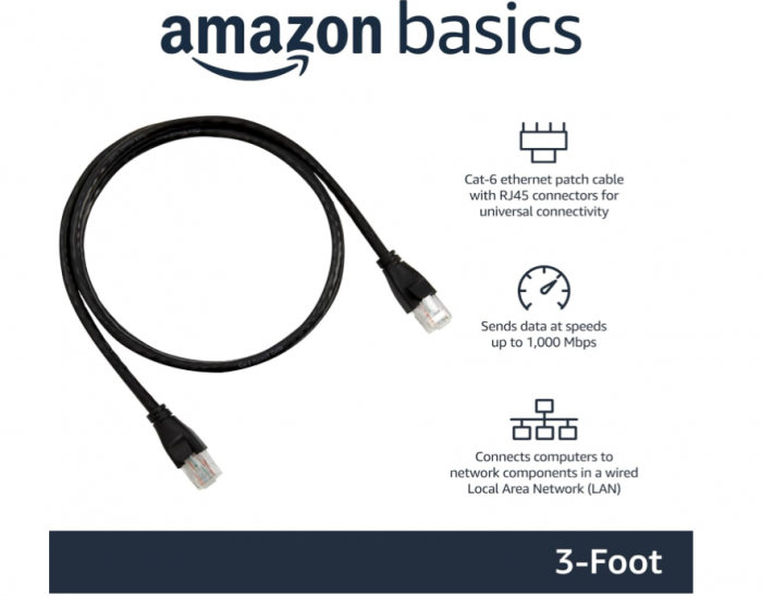Cablu de internet Ethernet RJ45 Cat 6 Amazon Basics, viteză de transfer 1 Gpbs, 0.9 m, negru [2]