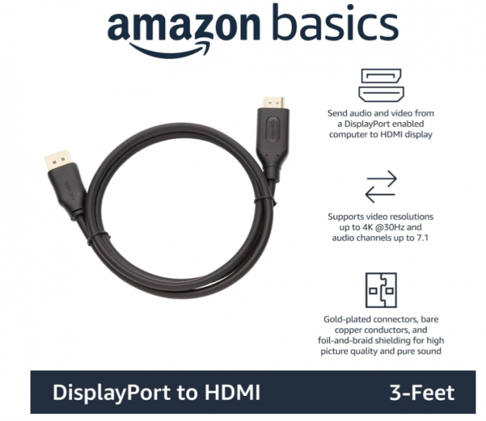 Cablu DisplayPort la HDMI Amazon Basics, unidirecțional, 92 cm [2]
