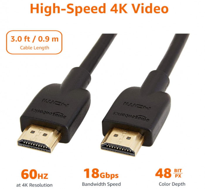 Cablu HDMI 2.0 de mare viteză Amazon Basics, 4K Ultra HD, 60 Hz, 48 biți, 18 Gbps, 0.9 m [7]