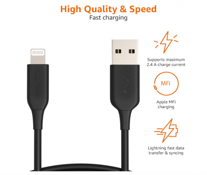 Cablu incarcare si transfer date USB-C la Lightning TPE de 1.8 m certificat MFI, negru [3]