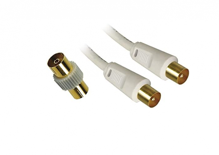 Cablu TV coaxial APM 408016, 10 m, masculin la masculin, adaptor mamă, alb [3]